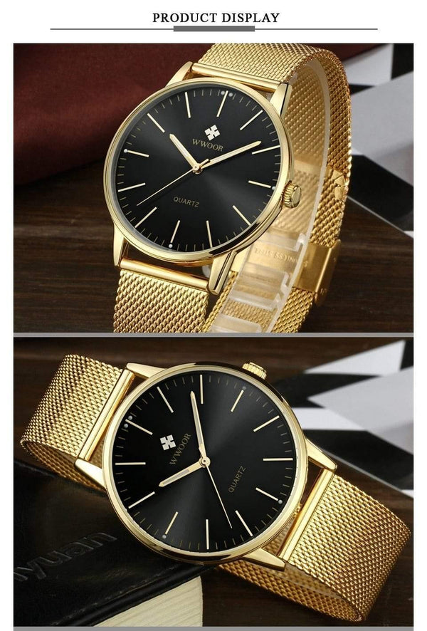 Planet Gates Gold Men Simple Slim Quartz Watch Gold Steel Mesh Ultra Thin Men Watches Luxury Brand Waterproof Male Wrist Watch Golden Clock
