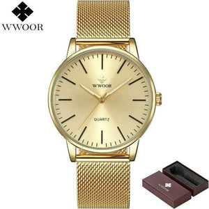 Planet Gates Gold Men Simple Slim Quartz Watch Gold Steel Mesh Ultra Thin Men Watches Luxury Brand Waterproof Male Wrist Watch Golden Clock