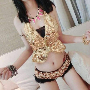 Planet Gates Gold / One Size Sexy Nigthclub DS Stage Dance Costume Sexy Exotic Backless Bandage Bra Women Sequin Jazz Dancewear Costume Top