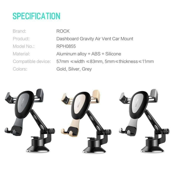 Planet Gates Gold Quality Gravity Metal Car Phone Holder, Linkage Aluminum Alloy Adjustable Mobile Phone holder For Car Stand Bracket