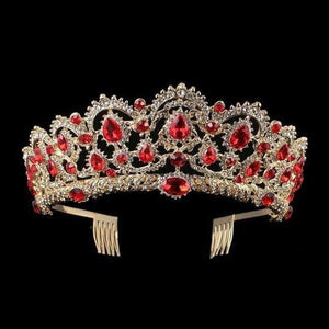 Planet Gates Guldrød KMVEXO Europæiske Dråbe Grønne Røde Krystal Tiaraer Vintage Guld Rhinestone Pageant Kroner Med Kam Barok Bryllupshårtilbehør