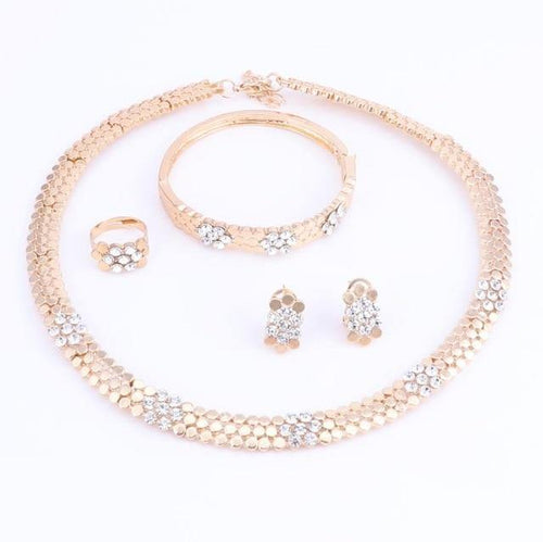 Planet Gates gold / Resizable Wedding Jewelry Set Crystal 4Pcs Sets Necklace Bracelet Ring And Earrings For Women Party Accessories