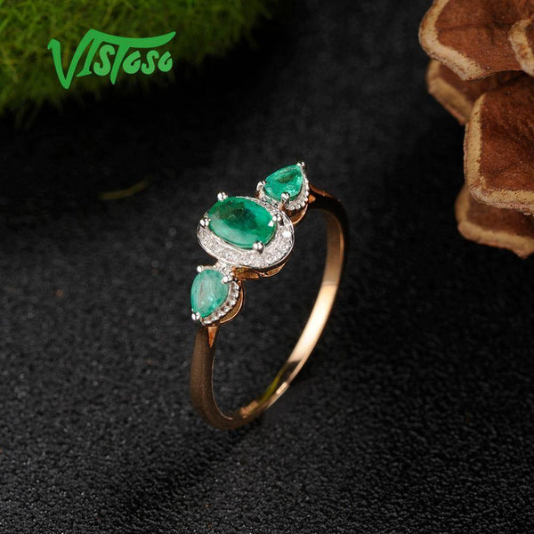 Planet Gates Gold Rings For Women Genuine 14K 585 Rose Gold Ring Magic Emerald Sparkling Diamond Engagement Anniversary Fine Jewelry