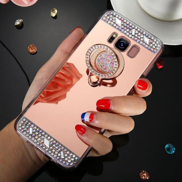 Planet Gates Gold / S6 Diamond Phone Case For Samsung Galaxy A3 A5 A7 J3 J5 J7 2016 2017 Mirror Case For Galaxy S8 Plus S7 S6 Edge Ring Holder