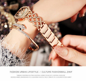 Planet Gates Gold set 2pcs Ladies Diamond Bracelet Watches Set 2 pcs Women Luxury Fashion Flamboyant Dial Little Diamonds Watch Female C