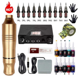 Planet Gates Gold Tattoo Kit Complete Tattoo Machine Kits Tattoo Power Supply Rotary Pen With Cartridge Needles Permanent Makeup Eyebrow Tattoo Body Artist
