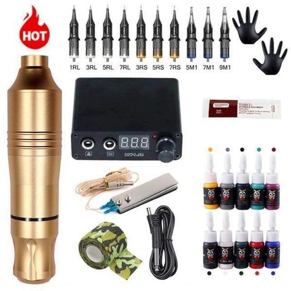 Planet Gates Gold Tattoo Kit Professional Tattoo Machine Kit Tattoo Power Supply Rotary Pen With Cartridges Needle Tattoo Pen For Tattoo Beginners Artist
