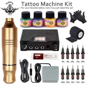 Planet Gates Gold Tattoo Set Professional Tattoo Machine Set Rotary Gun Tattoo Pen Cartridges Needles Sets Permanent Makeup Machine Body Art Tattoo Supplies
