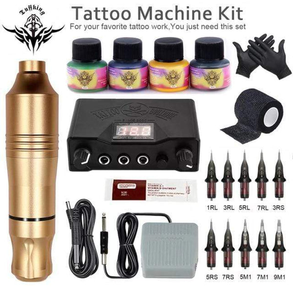 Planet Gates Gold Tattoo Set Professional Tattoo Machine Set Rotary Gun Tattoo Pen Cartridges Needles Sets Permanent Makeup Machine Body Art Tattoo Supplies