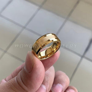 Planet Gates Gold Tungsten Carbide Wedding Band Rings Beveled Edges Polished Matte Finish Comfort Fit Personal Customize