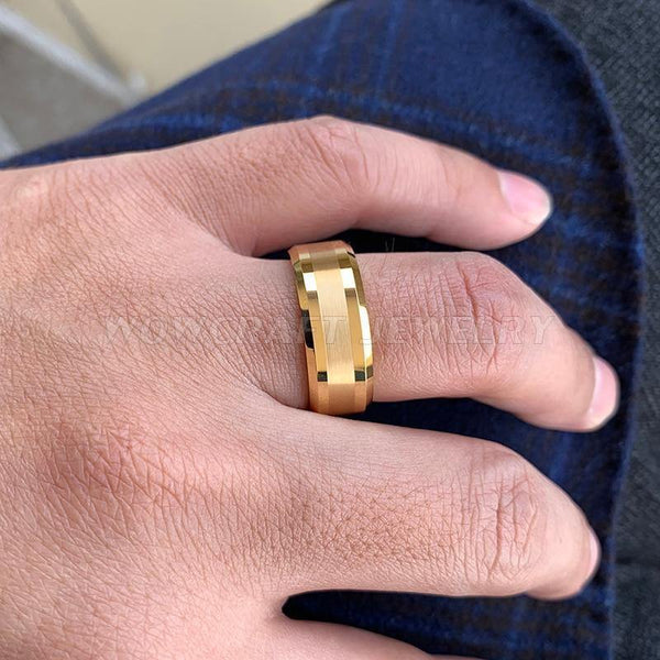 Planet Gates Gold Tungsten Carbide Wedding Band Rings Beveled Edges Polished Matte Finish Comfort Fit Personal Customize