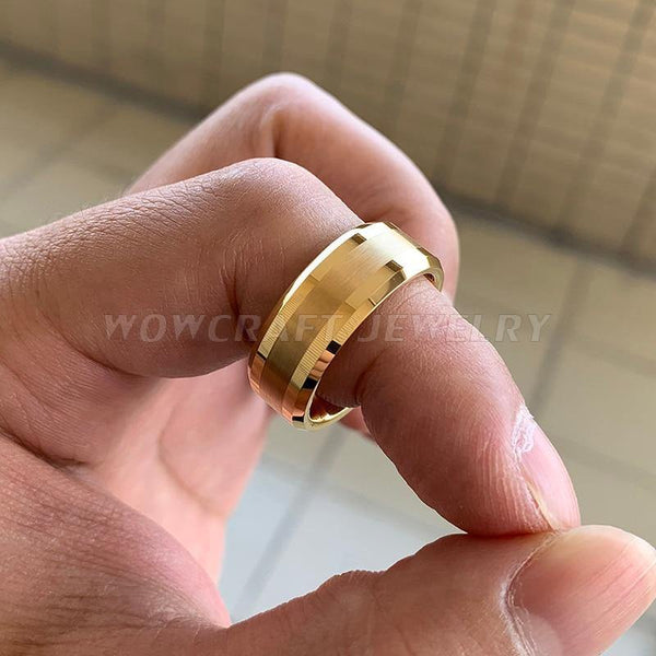Planet Gates Gold Tungsten Carbide Wedding Band Rings Beveled Edges Polished Matte Finish Comfort Fit Personal Customize
