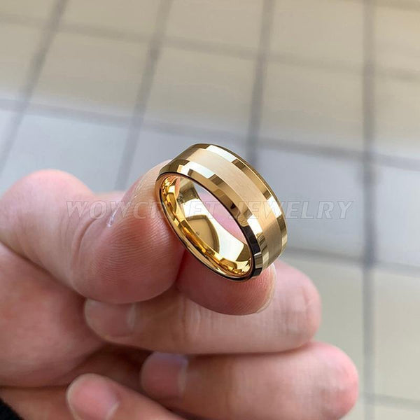 Planet Gates Gold Tungsten Carbide Wedding Band Rings Beveled Edges Polished Matte Finish Comfort Fit Personal Customize
