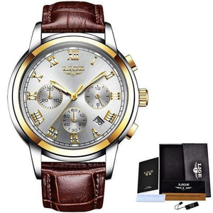 Planet Gates gold white leather Watches Men Sports Waterproof Date Analogue Quartz Men's Watches Chronograph Business Watches For Men Relogio Masculino+Box