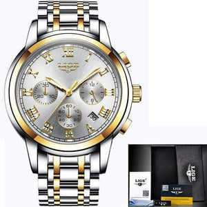 Planet Gates gold white steel Watches Men Luxury Brand LIGE Chronograph Men Sports Watches Waterproof Full Steel Quartz Men's Watch Relogio Masculino