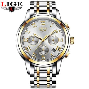 Planet Gates gold white steel Watches Men Luxury Brand LIGE Chronograph Men Sports Watches Waterproof Full Steel Quartz Men's Watch Relogio Masculino