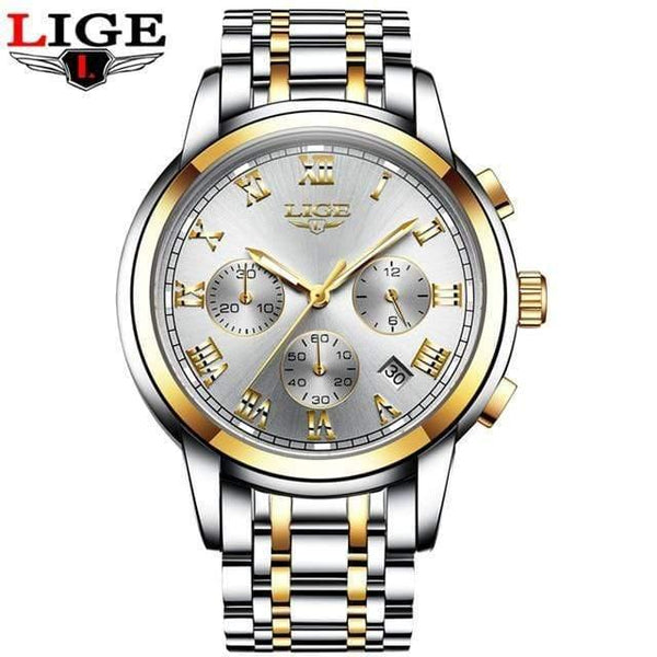 Planet Gates gold white steel Watches Men Luxury Brand LIGE Chronograph Men Sports Watches Waterproof Full Steel Quartz Men's Watch Relogio Masculino
