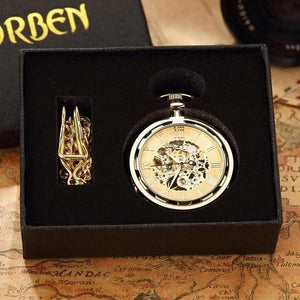 Planet Gates Gold with box Skeleton Mechanical Pocket Watch Men Steampunk Mechanical Fob Watches Clock Pendant Hand-winding Relogio De Bolso