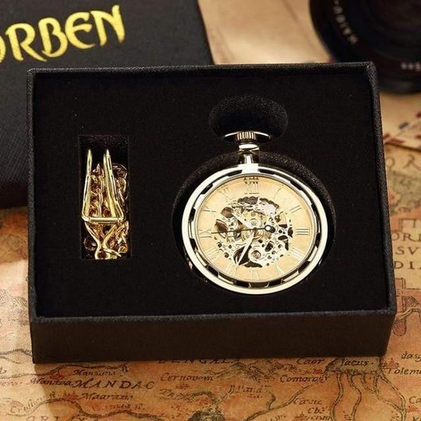 Planet Gates Gold with box Skeleton Mechanical Pocket Watch Men Steampunk Mechanical Fob Watches Clock Pendant Hand-winding Relogio De Bolso