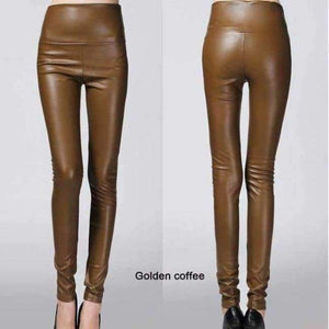 Planet Gates Golden coffee / L Autumn winter Women legging skinny PU leather pencil Leggings slim faux Leather Pants female fashion thick fleece trousers