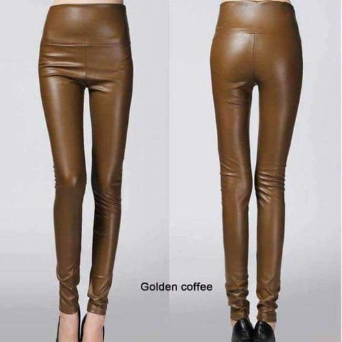 Planet Gates Golden coffee / L Autumn winter Women legging skinny PU leather pencil Leggings slim faux Leather Pants female fashion thick fleece trousers