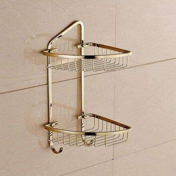 Planet Gates Golden Double 1 Bathroom Shelves Pure Copper Corner Triangle Basket Single Double Layer With Hooks Cosmetic Rack Shower Shampoo Accessorie