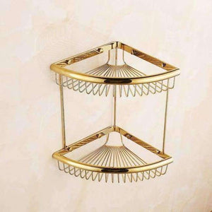 Planet Gates Golden Double 2 Bathroom Shelves Pure Copper Corner Triangle Basket Single Double Layer With Hooks Cosmetic Rack Shower Shampoo Accessorie