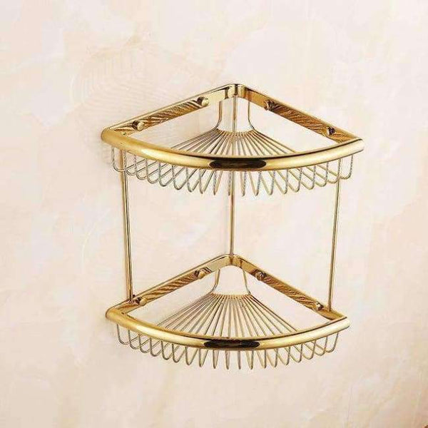 Planet Gates Golden Double 2 Bathroom Shelves Pure Copper Corner Triangle Basket Single Double Layer With Hooks Cosmetic Rack Shower Shampoo Accessorie