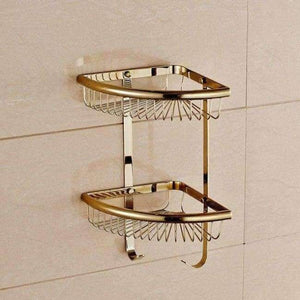 Planet Gates Golden Double 3 Bathroom Shelves Pure Copper Corner Triangle Basket Single Double Layer With Hooks Cosmetic Rack Shower Shampoo Accessorie