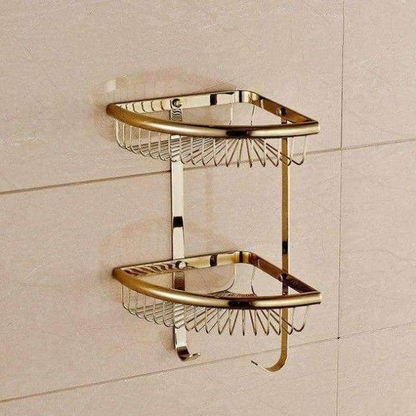Planet Gates Golden Double 3 Bathroom Shelves Pure Copper Corner Triangle Basket Single Double Layer With Hooks Cosmetic Rack Shower Shampoo Accessorie
