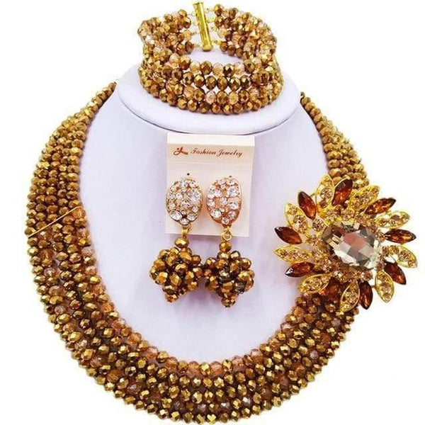 Planet Gates Golden Gold AB Wine Gold AB Crystal Nigerian Necklace African Beads Wedding Jewelry Sets for Women C5RST003