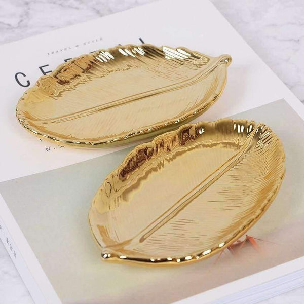 Planet Gates Golden Leaf Ceramic Storage Plate Jewelry Fruit Serving Tray Decorative Ornaments Living Room Table Organization Home