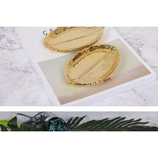 Planet Gates Golden Leaf Ceramic Storage Plate Jewelry Fruit Serving Tray Decorative Ornaments Living Room Table Organization Home