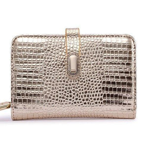 Planet Gates Golden Leather Women Wallets Crocodile Pattern Small Wallet Magnetic Buckle Cowhide Women Purse With Zipper Short