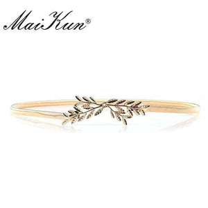 Planet Gates Golden MaiKun Thin Belts for Women Luxury Brand Women Belt Elastic Metal Golden Olive Leaf Female Belt