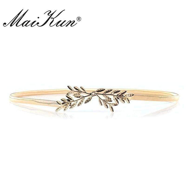 Planet Gates Golden MaiKun Thin Belts for Women Luxury Brand Women Belt Elastic Metal Golden Olive Leaf Female Belt