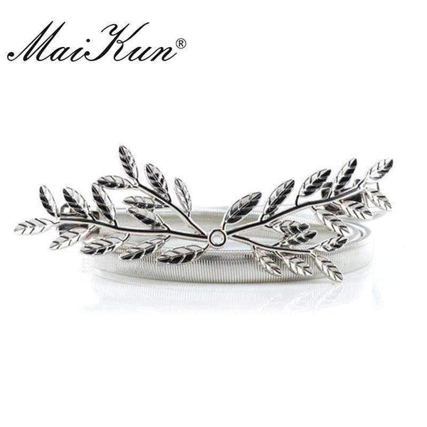 Planet Gates Golden MaiKun Thin Belts for Women Luxury Brand Women Belt Elastic Metal Golden Olive Leaf Female Belt