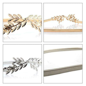 Planet Gates Golden MaiKun Thin Belts for Women Luxury Brand Women Belt Elastic Metal Golden Olive Leaf Female Belt