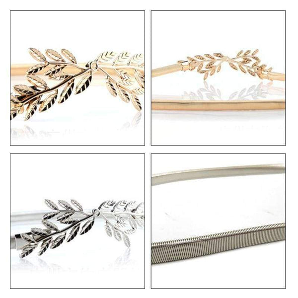 Planet Gates Golden MaiKun Thin Belts for Women Luxury Brand Women Belt Elastic Metal Golden Olive Leaf Female Belt