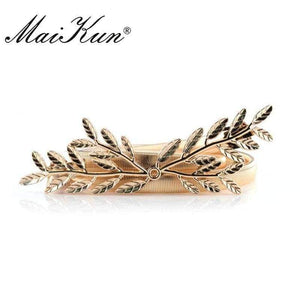 Planet Gates Golden MaiKun Thin Belts for Women Luxury Brand Women Belt Elastic Metal Golden Olive Leaf Female Belt