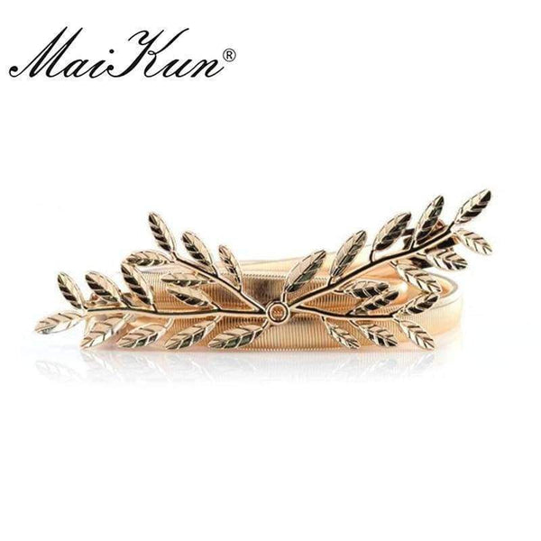 Planet Gates Golden MaiKun Thin Belts for Women Luxury Brand Women Belt Elastic Metal Golden Olive Leaf Female Belt