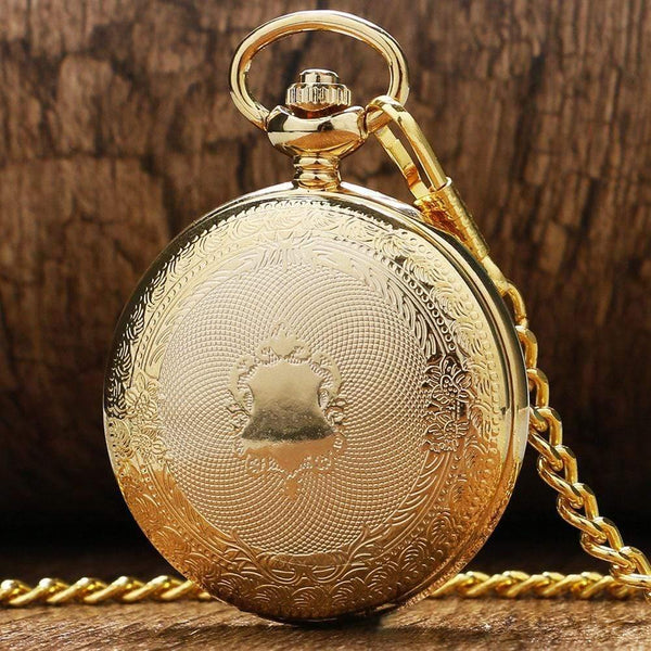 Planet Gates Golden Shiled Design Skeleton Black Dial Mechanical Hand Wind Pocket Watch For Men Women Gift With Chain