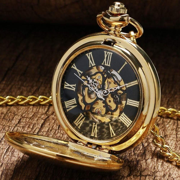 Planet Gates Golden Shiled Design Skeleton Black Dial Mechanical Hand Wind Pocket Watch For Men Women Gift With Chain