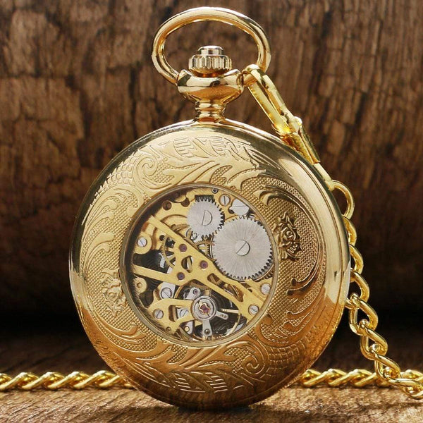 Planet Gates Golden Shiled Design Skeleton Black Dial Mechanical Hand Wind Pocket Watch For Men Women Gift With Chain