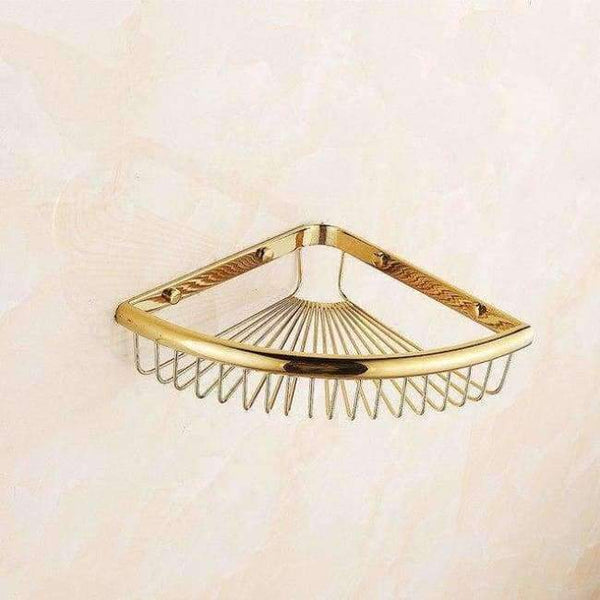 Planet Gates Golden Single Bathroom Shelves Pure Copper Corner Triangle Basket Single Double Layer With Hooks Cosmetic Rack Shower Shampoo Accessorie