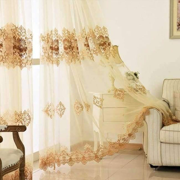 Planet Gates Golden Tulle / 1Piece W300 L260 CM / Hook Luxury Water Soluble Screen Embroidery Sheer Voile Window Drapes for Living Room Door Gold Lace Curtains WP160-30