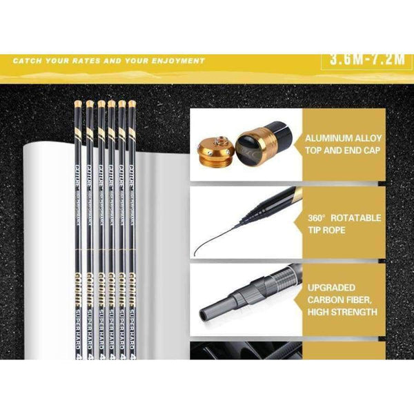 Planet Gates GOLDLITE Fishing Rod 3.6-7.2M 2/8 Power Hard Carbon Fiber Telescopic Fishing Rods for Stream Carp Fishing, 1 Rod+3 Tips