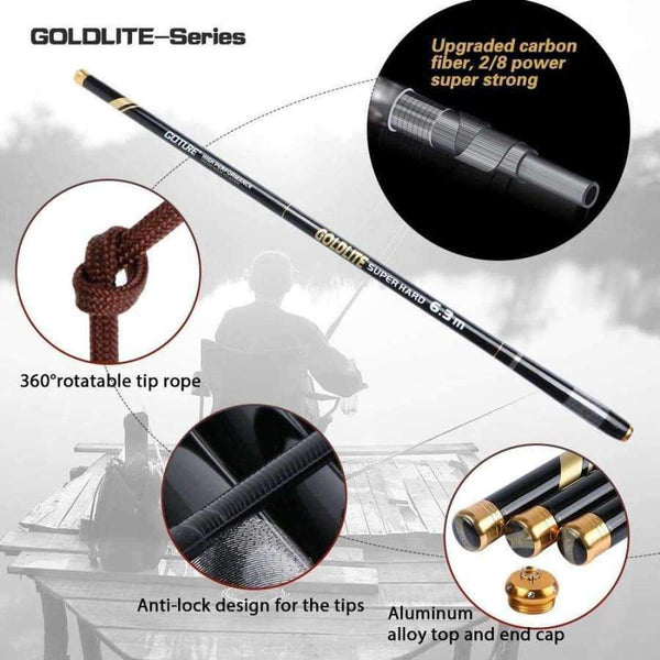 Planet Gates GOLDLITE Fishing Rod 3.6-7.2M 2/8 Power Hard Carbon Fiber Telescopic Fishing Rods for Stream Carp Fishing, 1 Rod+3 Tips