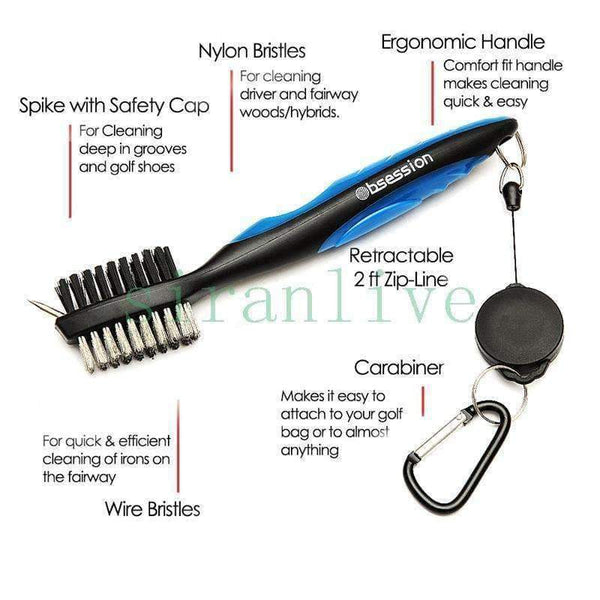 Planet Gates Golf Brush and Club Groove Cleaner 2 Ft Retractable Zip-line Extension Cord and Clip Aluminum Carabiner Lightweight and Stylis