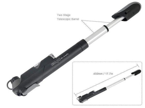 Planet Gates GP-61S Telescopic Bicycle Pump W/in-line Gauge Fits Schrader Presta Cycling MTB Ball Portable Pocket Mini Air Inflator